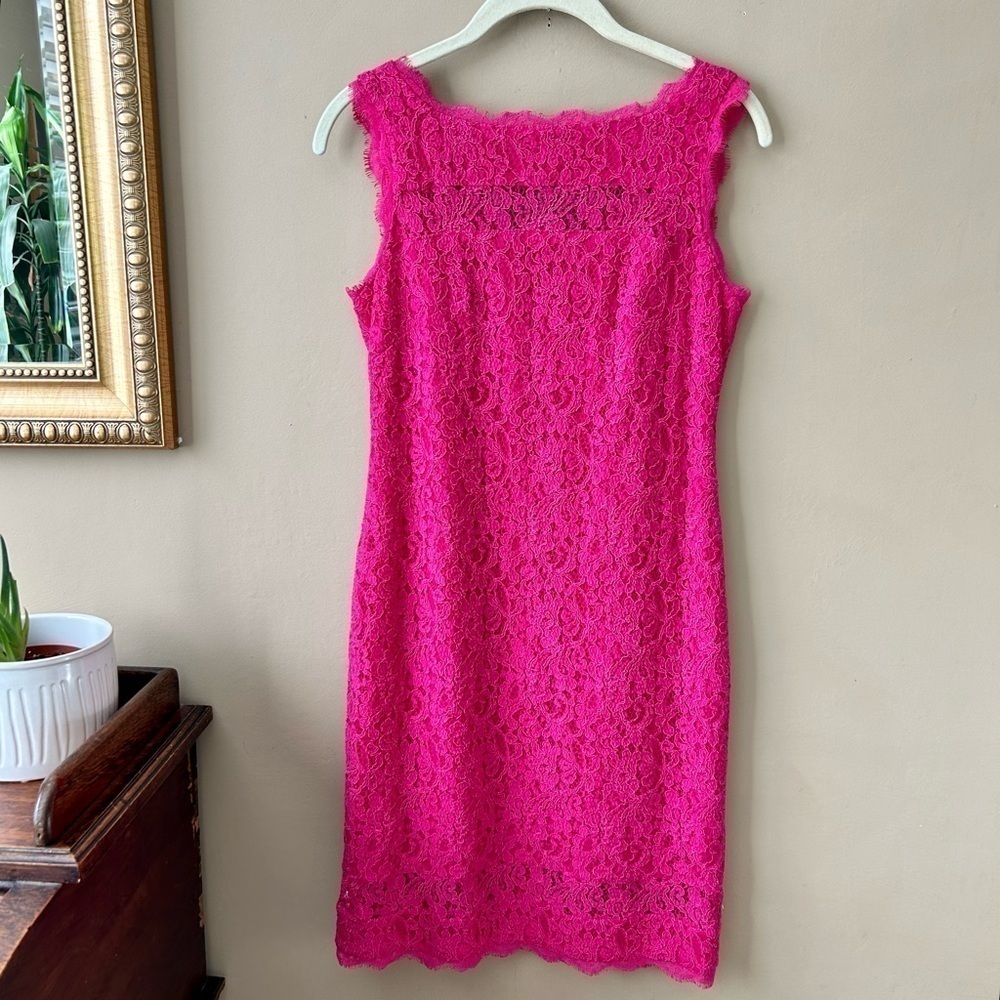 Adrianna Papell Barbie Pink Boat Neck Sleeveless Lace Cocktail Dress Size 2 - Picture 3 of 13